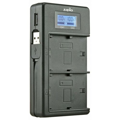 Jupio USB duo töltő LCD kijelzővel Sony NP-FM50, Sony NP-F550, Sony NP-F750, Sony NP-F970 akkumulátorokhoz