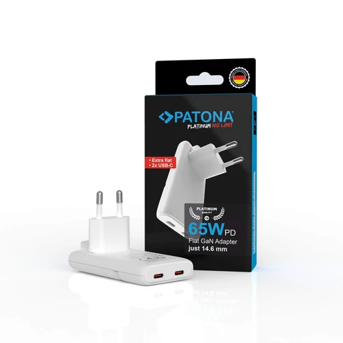 Patona Platinum GaN PD65W Flat hálózati adapter 2 x USB-C - fehér (2595)
