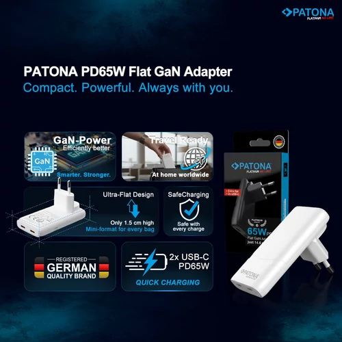 Patona Platinum GaN PD65W Flat hálózati adapter 2 x USB-C - fehér (2595)