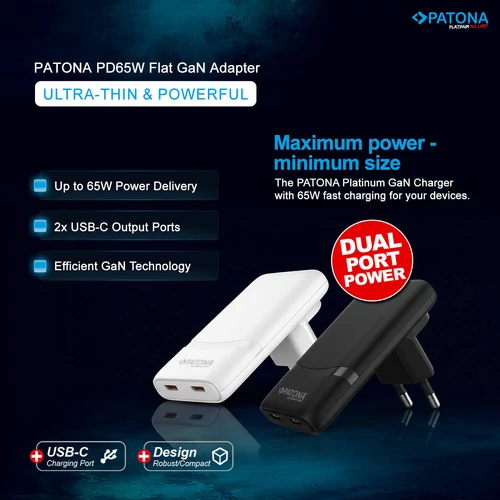 Patona Platinum GaN PD65W Flat hálózati adapter 2 x USB-C - fehér (2595)