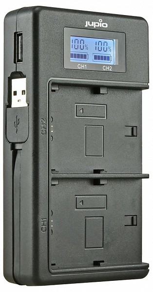Jupio USB duo töltő LCD kijelzővel Sony NP-FM50, NP-F550 / F750 / F970 akkumulátorokhoz